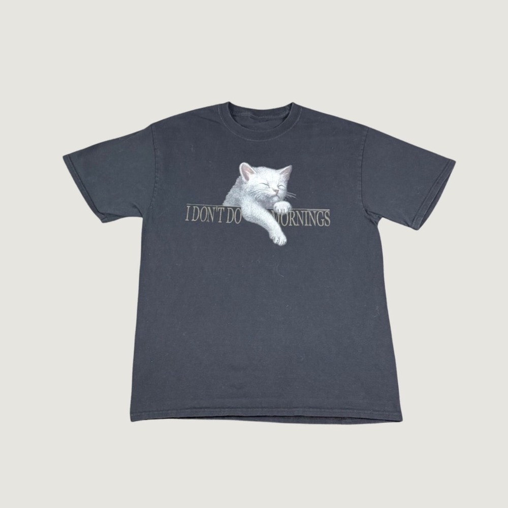 Vintage I Don't Do Mornings Cat Graphic T-Shirt Black Mens Large 90s Funny
